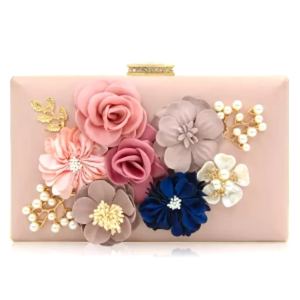 Elegant Floral & Pearl & Crystal Embellished Evening Clutch & Crossbody Bag